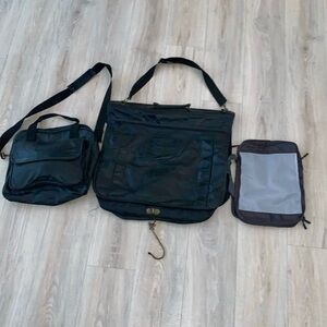 Cellini vintage black leather luggage bag & hanging garment bag bundle